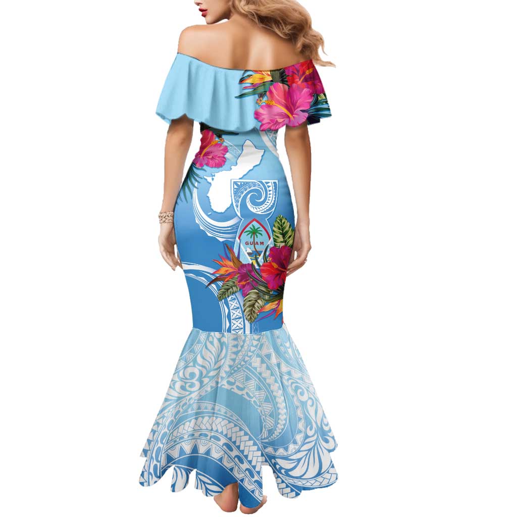 Hafa Adai Guam Family Matching Mermaid Dress and Hawaiian Shirt Tropical Flowers Blue Gradient LT05 - Polynesian Pride