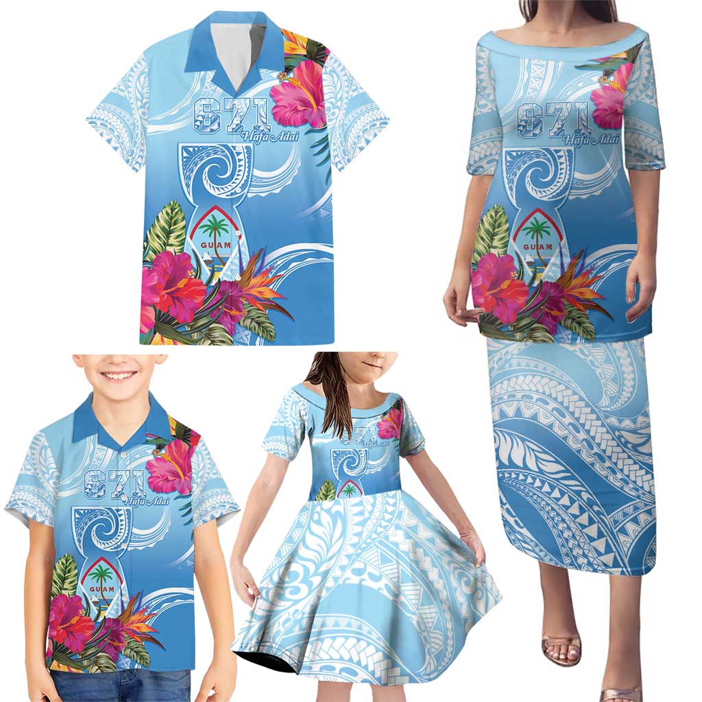 Hafa Adai Guam Family Matching Puletasi and Hawaiian Shirt Tropical Flowers Blue Gradient