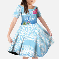 Hafa Adai Guam Family Matching Short Sleeve Bodycon Dress and Hawaiian Shirt Tropical Flowers Blue Gradient LT05 Daughter's Dress Blue - Polynesian Pride