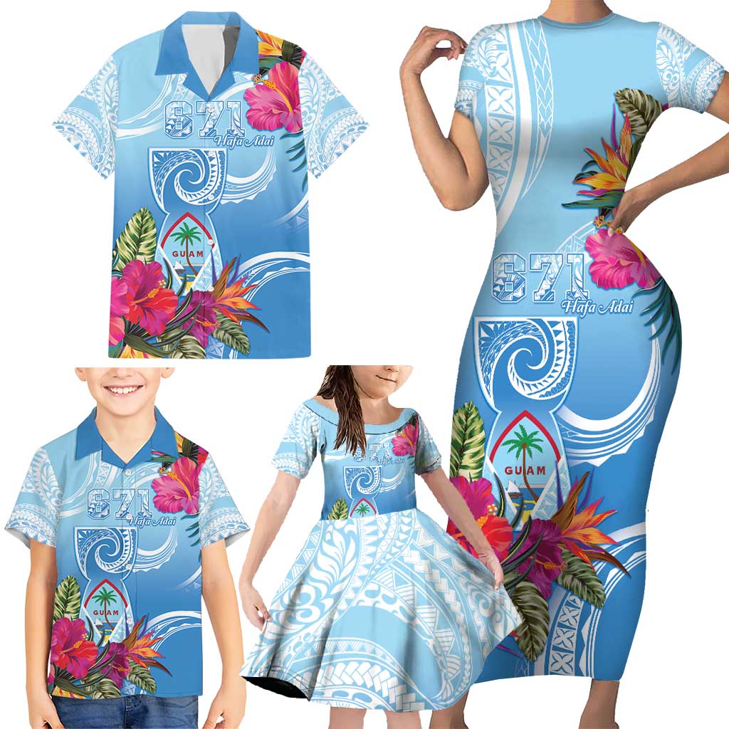 Hafa Adai Guam Family Matching Short Sleeve Bodycon Dress and Hawaiian Shirt Tropical Flowers Blue Gradient LT05 - Polynesian Pride