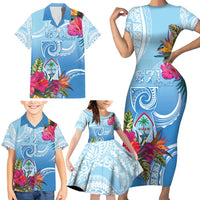 Hafa Adai Guam Family Matching Short Sleeve Bodycon Dress and Hawaiian Shirt Tropical Flowers Blue Gradient LT05 - Polynesian Pride