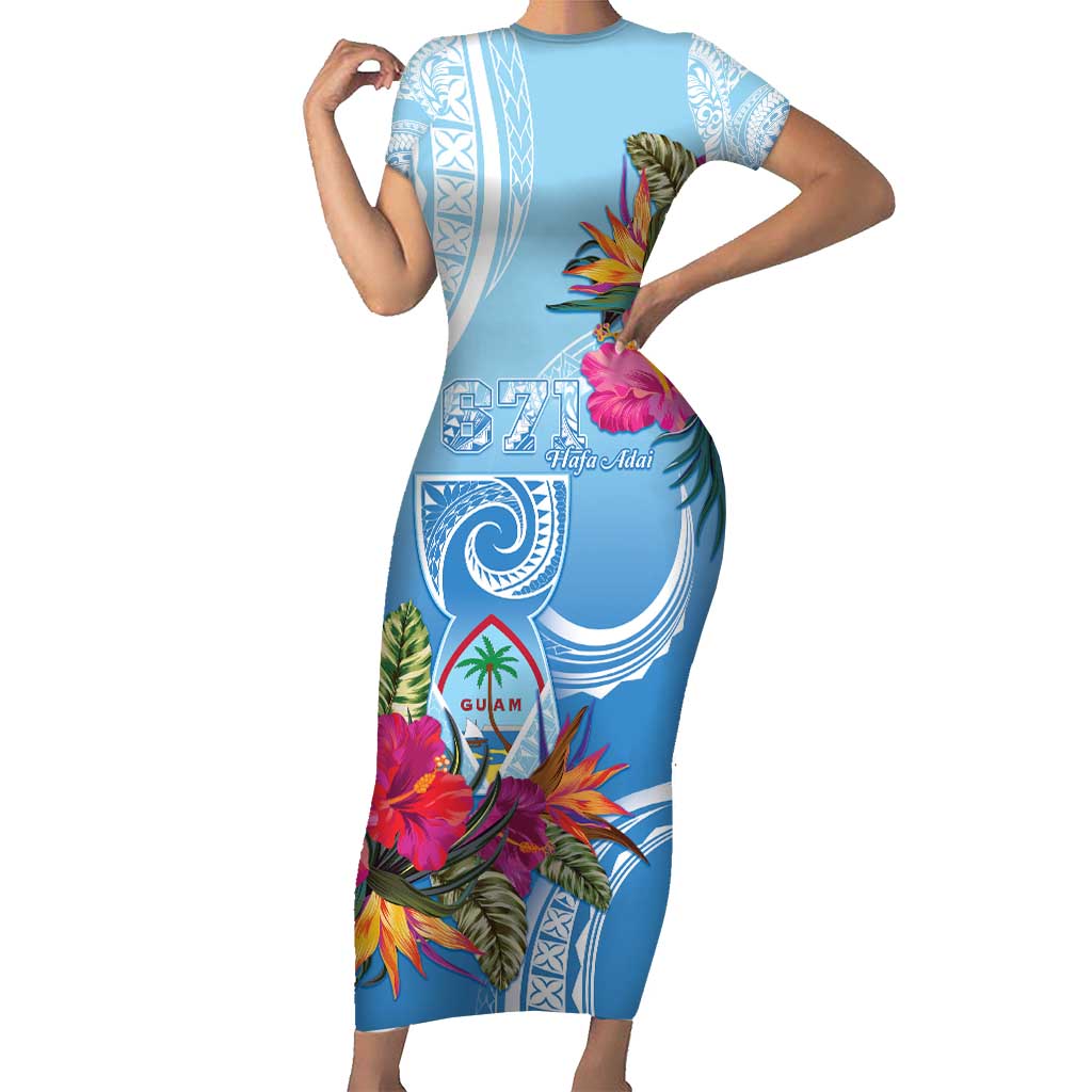 Hafa Adai Guam Family Matching Short Sleeve Bodycon Dress and Hawaiian Shirt Tropical Flowers Blue Gradient LT05 Mom's Dress Blue - Polynesian Pride