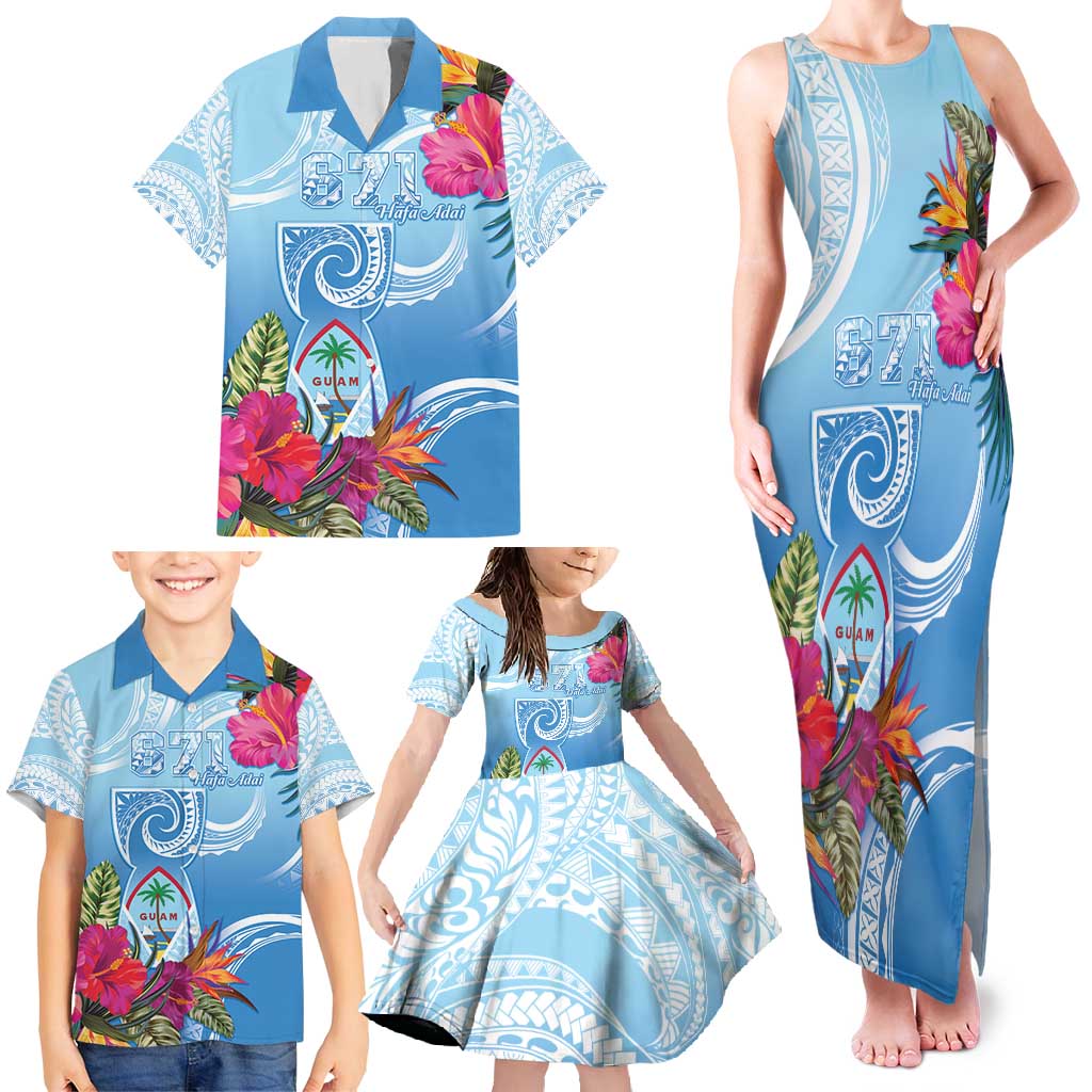 Hafa Adai Guam Family Matching Tank Maxi Dress and Hawaiian Shirt Tropical Flowers Blue Gradient