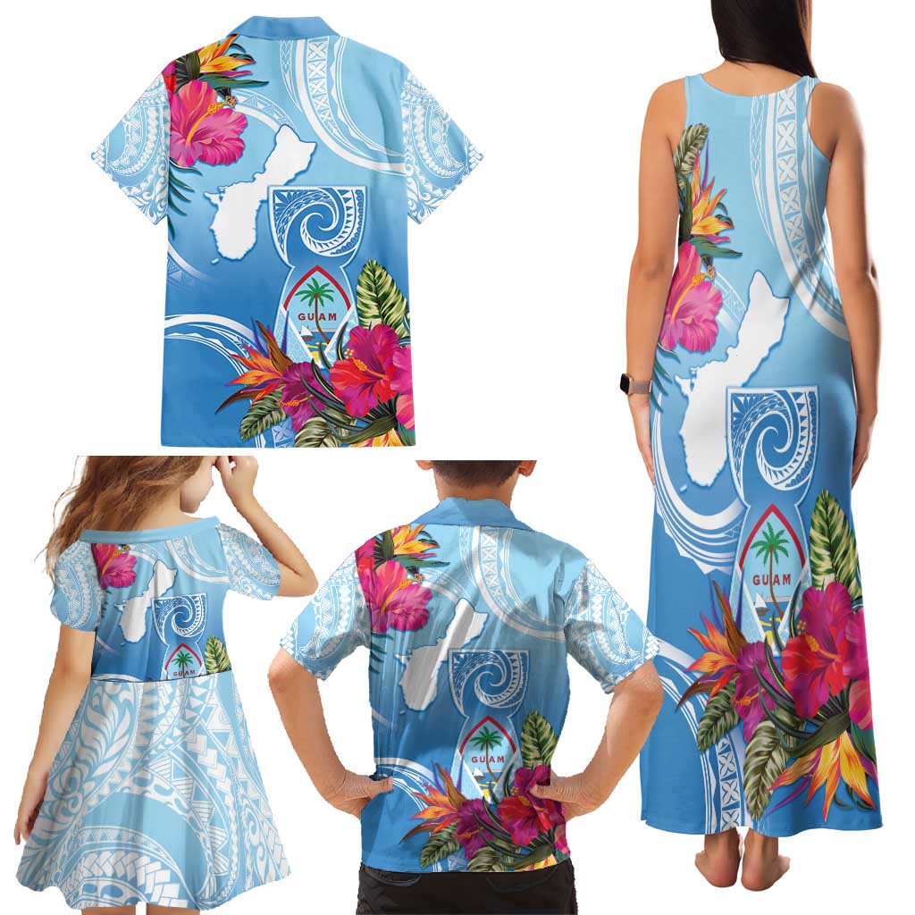 Hafa Adai Guam Family Matching Tank Maxi Dress and Hawaiian Shirt Tropical Flowers Blue Gradient