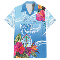 Hafa Adai Guam Family Matching Tank Maxi Dress and Hawaiian Shirt Tropical Flowers Blue Gradient