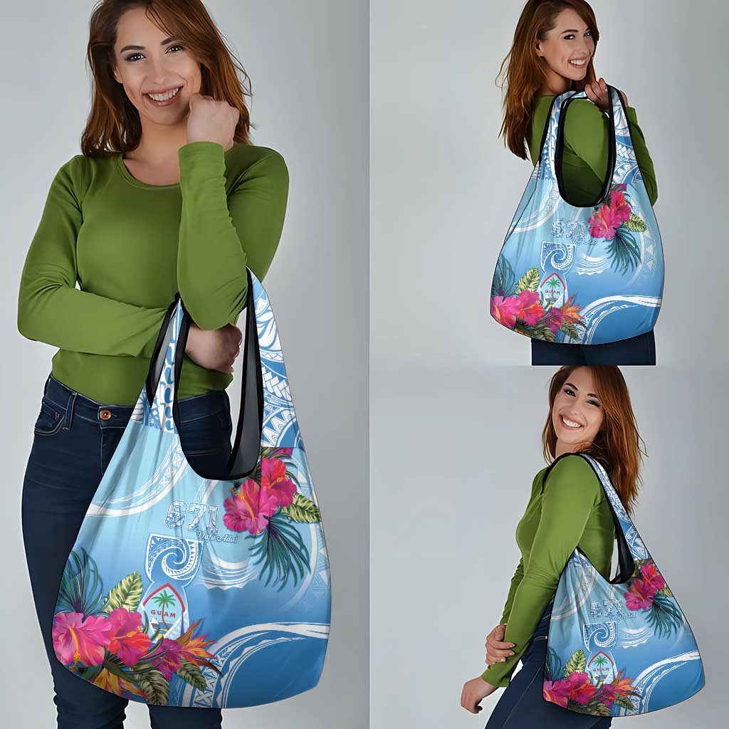 Hafa Adai Guam Grocery Bag Tropical Flowers Blue Gradient