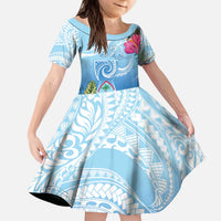 Hafa Adai Guam Kid Short Sleeve Dress Tropical Flowers Blue Gradient