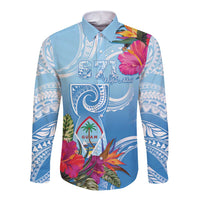 Hafa Adai Guam Long Sleeve Button Shirt Tropical Flowers Blue Gradient