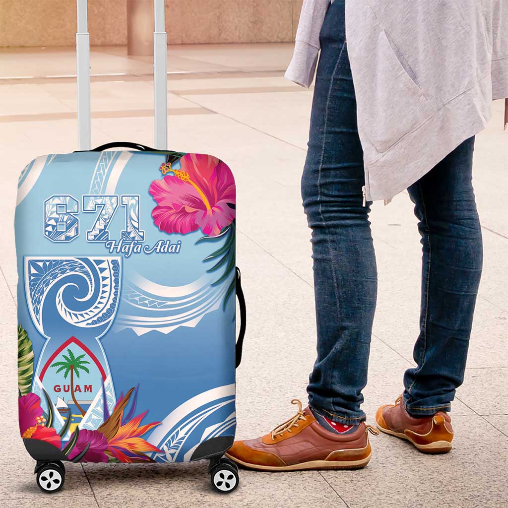 Hafa Adai Guam Luggage Cover Tropical Flowers Blue Gradient