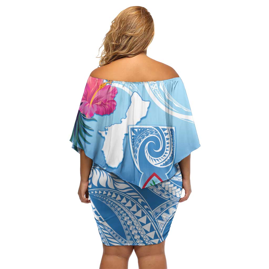 Hafa Adai Guam Off Shoulder Short Dress Tropical Flowers Blue Gradient