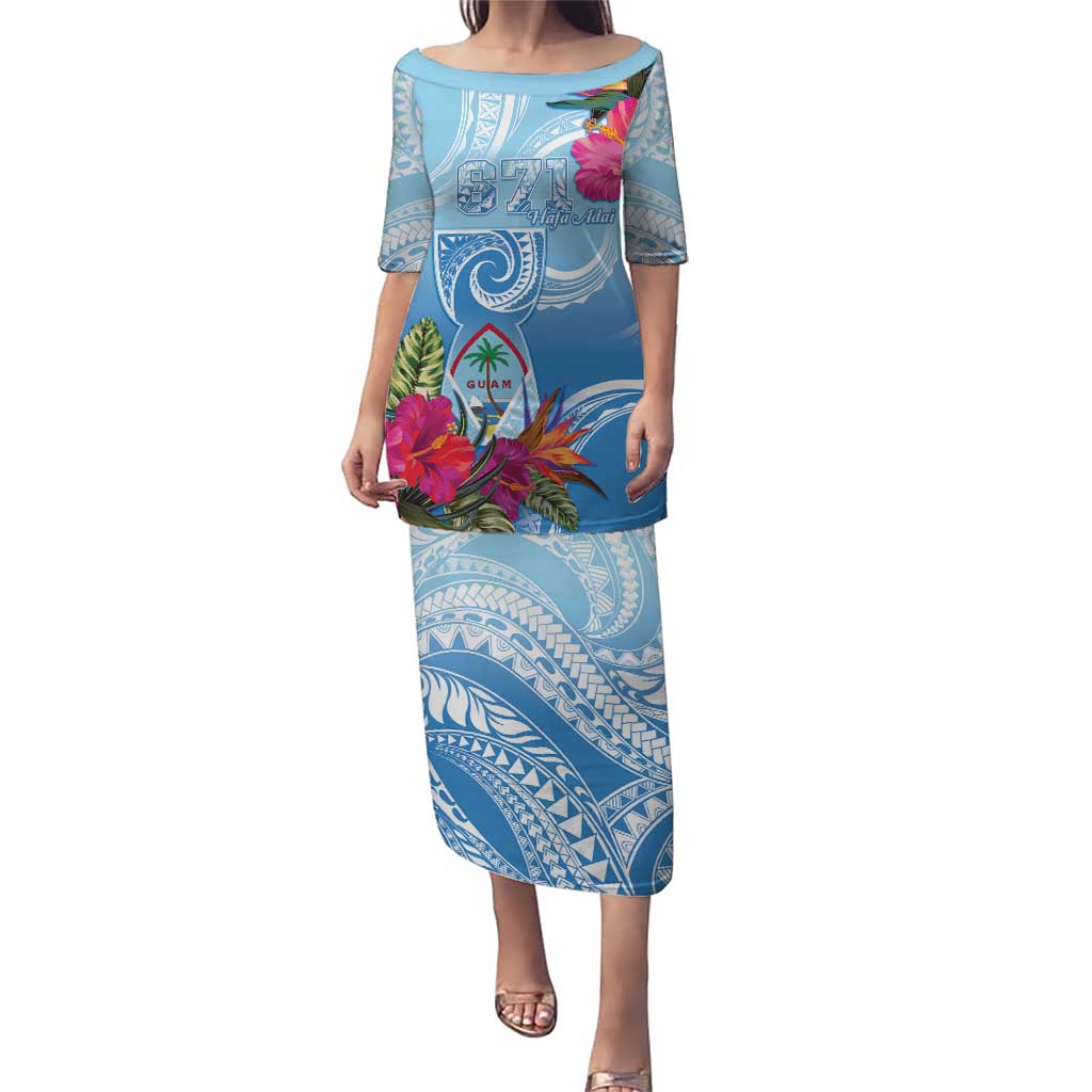 Hafa Adai Guam Puletasi Tropical Flowers Blue Gradient