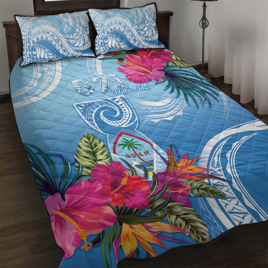 Hafa Adai Guam Quilt Bed Set Tropical Flowers Blue Gradient LT05 Blue - Polynesian Pride