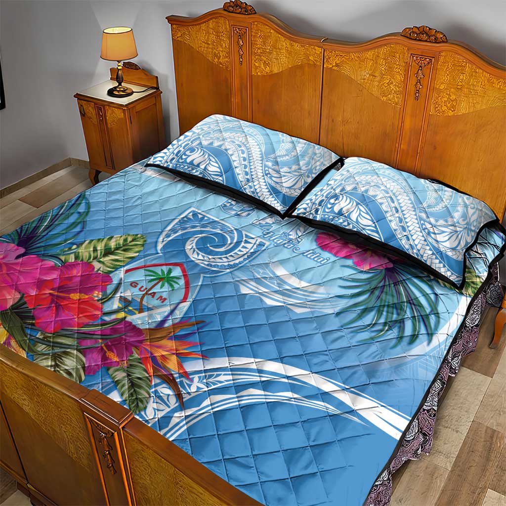Hafa Adai Guam Quilt Bed Set Tropical Flowers Blue Gradient LT05 - Polynesian Pride