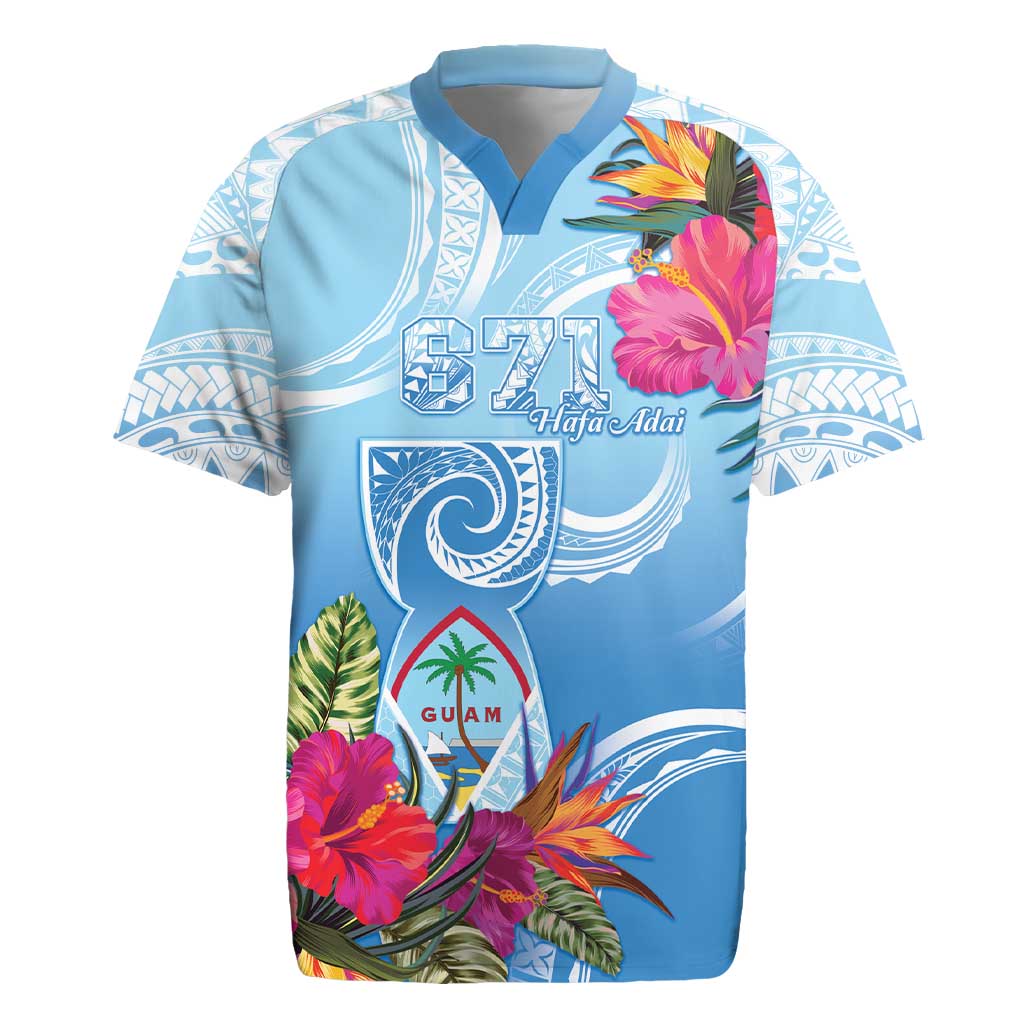 Hafa Adai Guam Rugby Jersey Tropical Flowers Blue Gradient