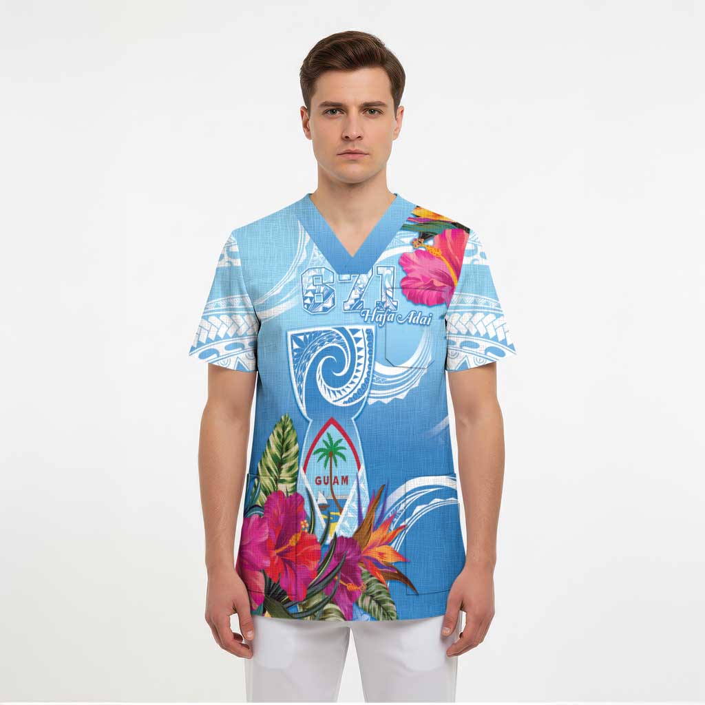 Hafa Adai Guam Scrub Top Tropical Flowers Blue Gradient - Polynesian Pride