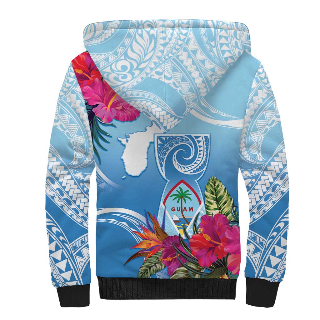 Hafa Adai Guam Sherpa Hoodie Tropical Flowers Blue Gradient