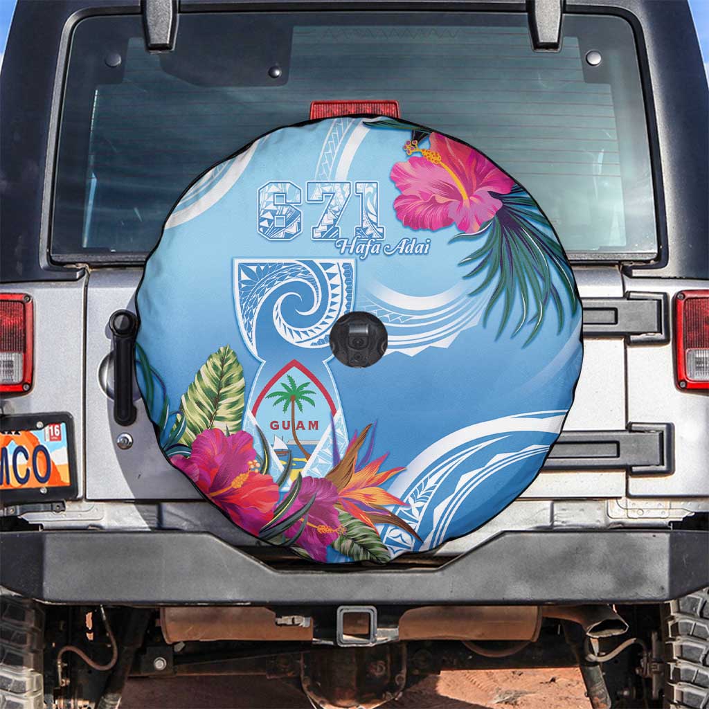 Hafa Adai Guam Spare Tire Cover Tropical Flowers Blue Gradient