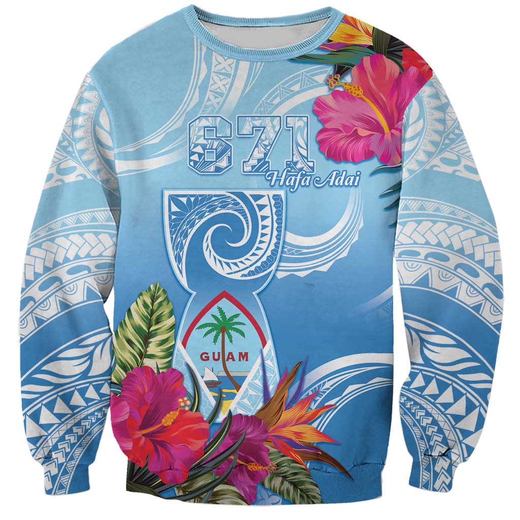 Hafa Adai Guam Sweatshirt Tropical Flowers Blue Gradient