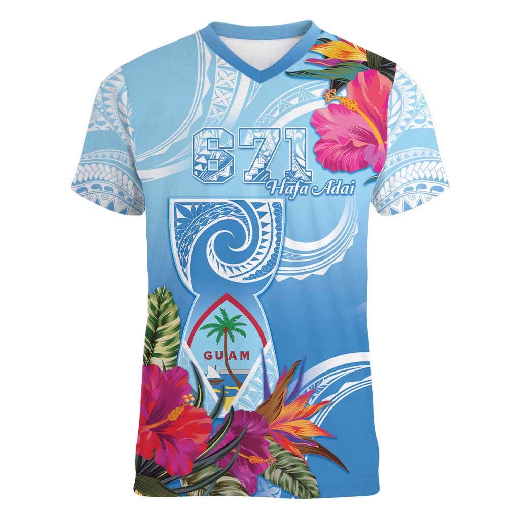 Hafa Adai Guam Women V-Neck T-Shirt Tropical Flowers Blue Gradient
