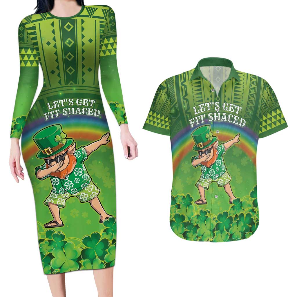 Personalised Hawaii Saint Patrick's Day Couples Matching Long Sleeve Bodycon Dress and Hawaiian Shirt Let's Get Fit Shaced