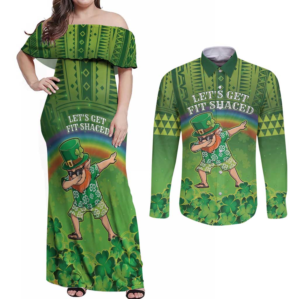 Personalised Hawaii Saint Patrick's Day Couples Matching Off Shoulder Maxi Dress and Long Sleeve Button Shirt Let's Get Fit Shaced