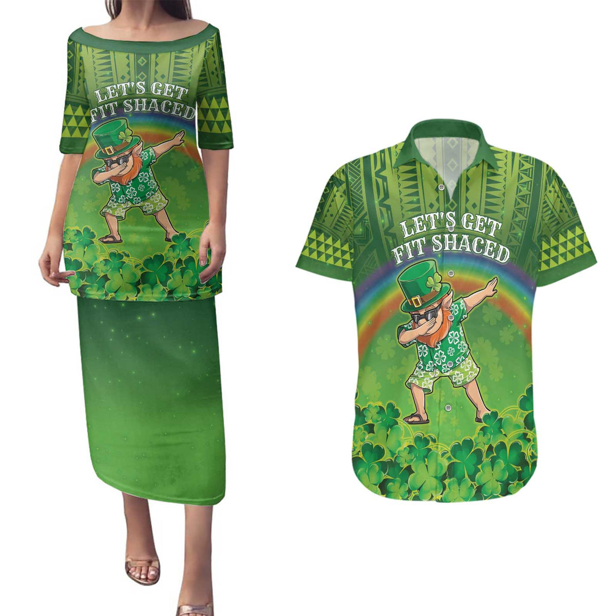 Personalised Hawaii Saint Patrick's Day Couples Matching Puletasi and Hawaiian Shirt Let's Get Fit Shaced