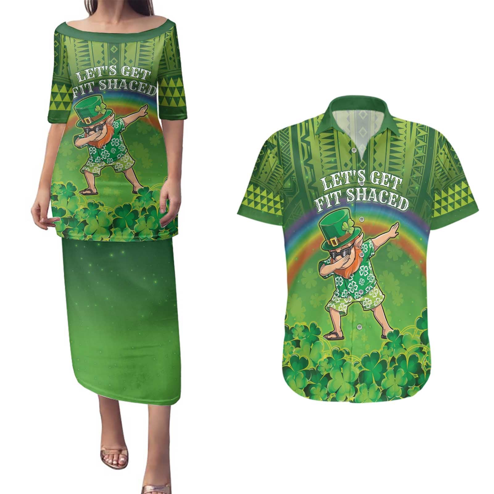 Personalised Hawaii Saint Patrick's Day Couples Matching Puletasi and Hawaiian Shirt Let's Get Fit Shaced