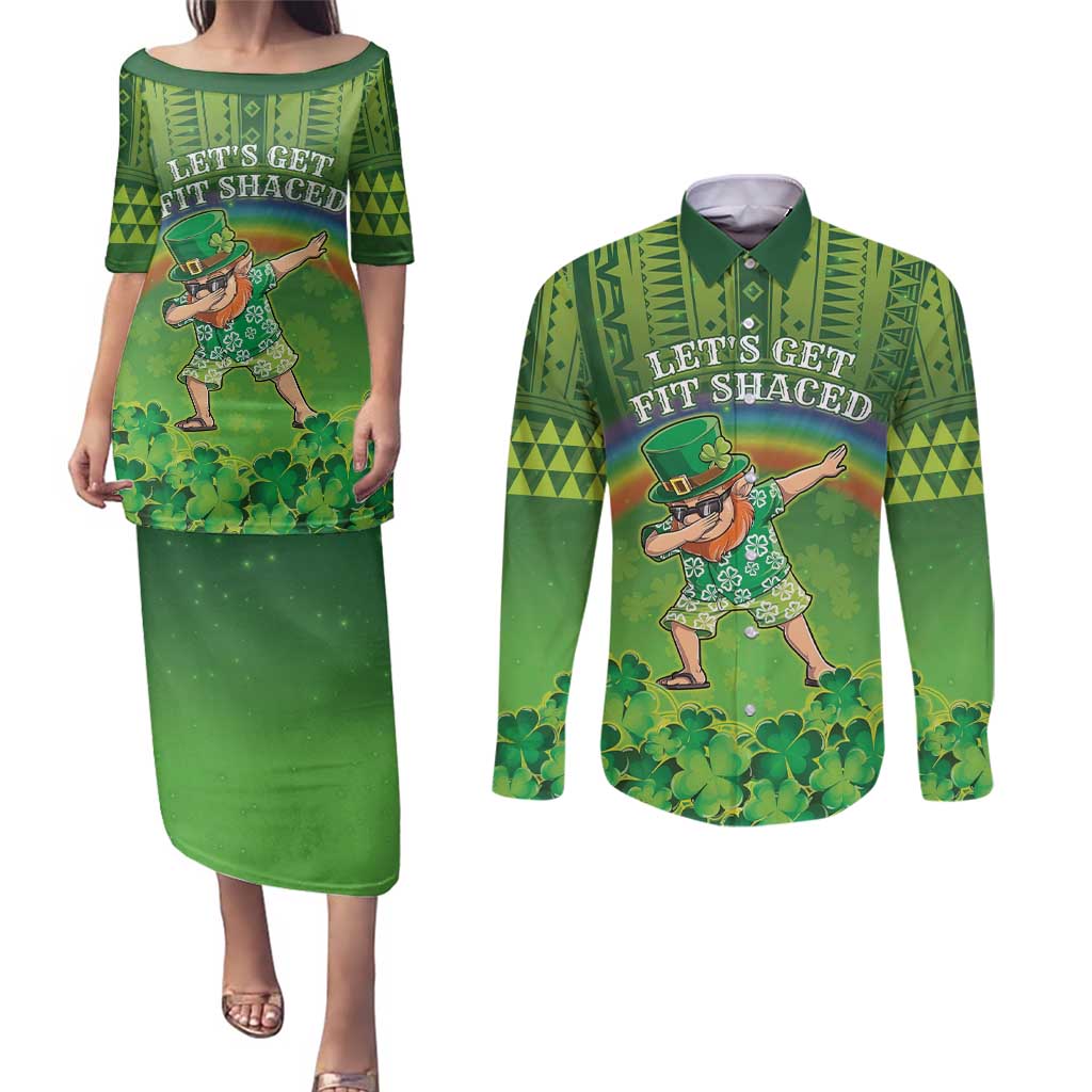 Personalised Hawaii Saint Patrick's Day Couples Matching Puletasi and Long Sleeve Button Shirt Let's Get Fit Shaced