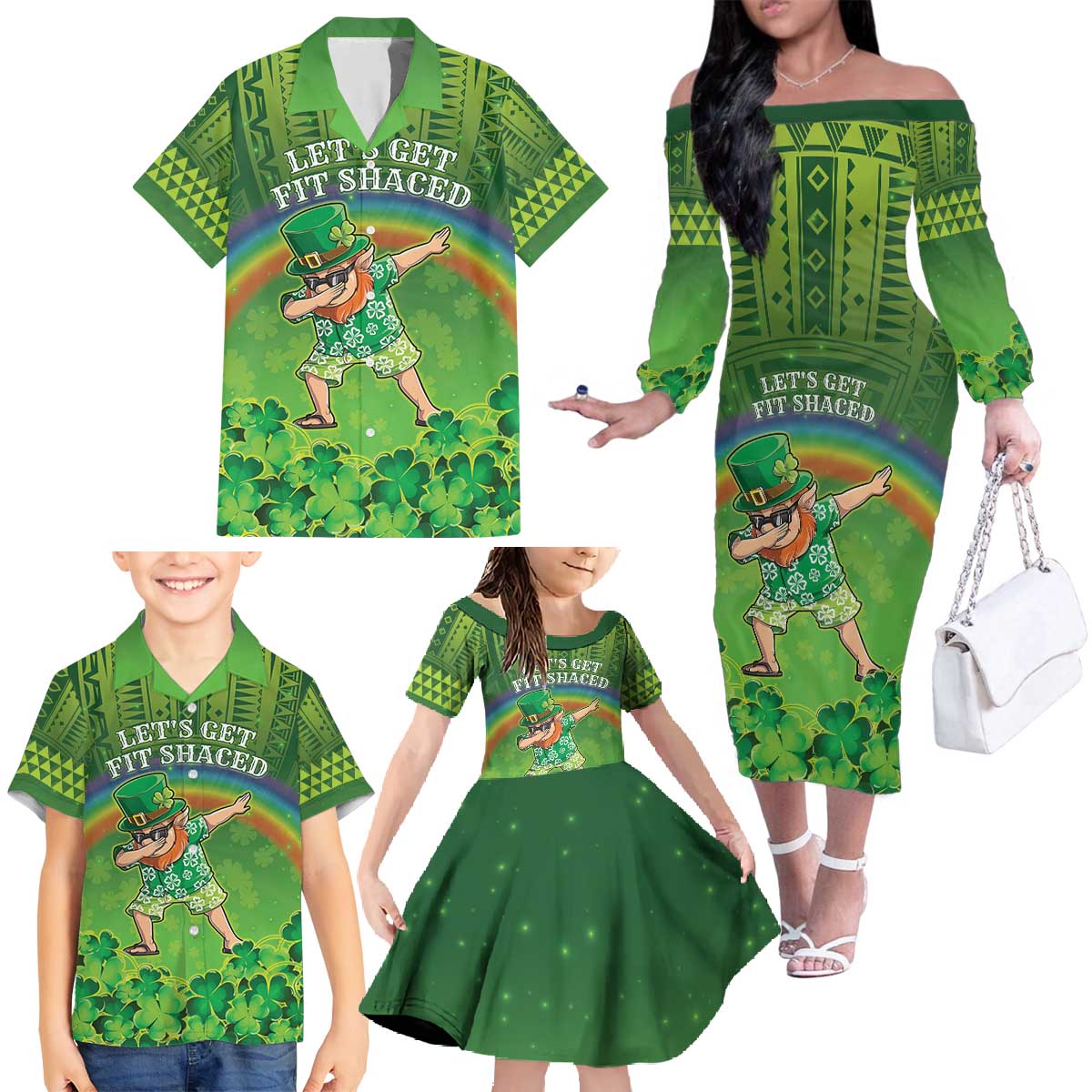 Personalised Hawaii Saint Patrick's Day Family Matching Off The Shoulder Long Sleeve Dress and Hawaiian Shirt Let's Get Fit Shaced