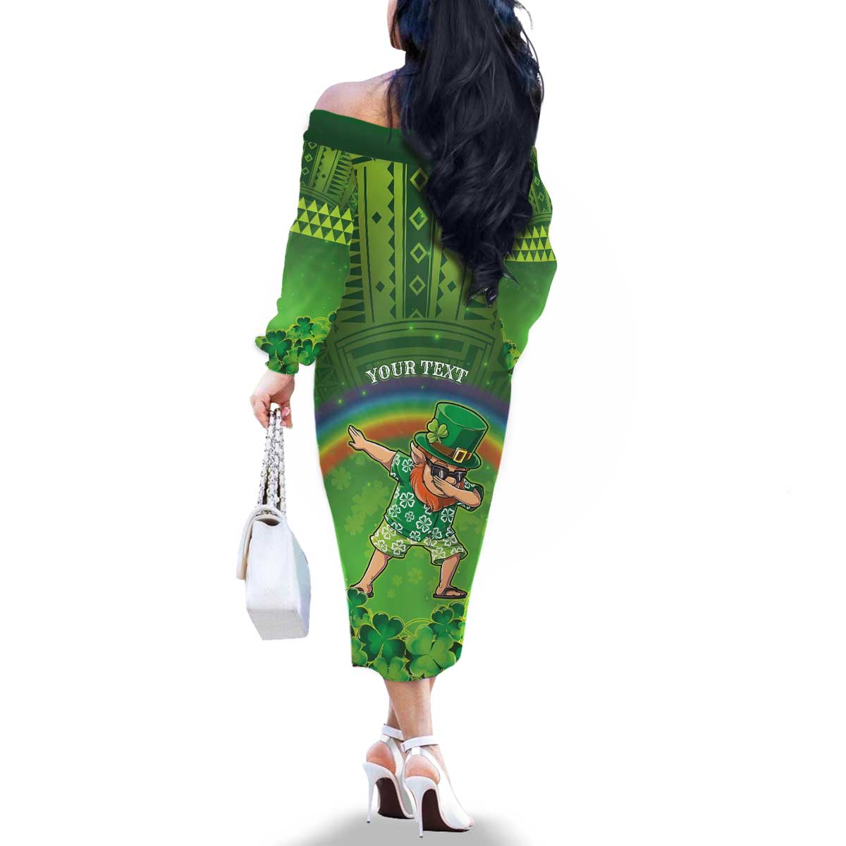 Personalised Hawaii Saint Patrick's Day Family Matching Off The Shoulder Long Sleeve Dress and Hawaiian Shirt Let's Get Fit Shaced
