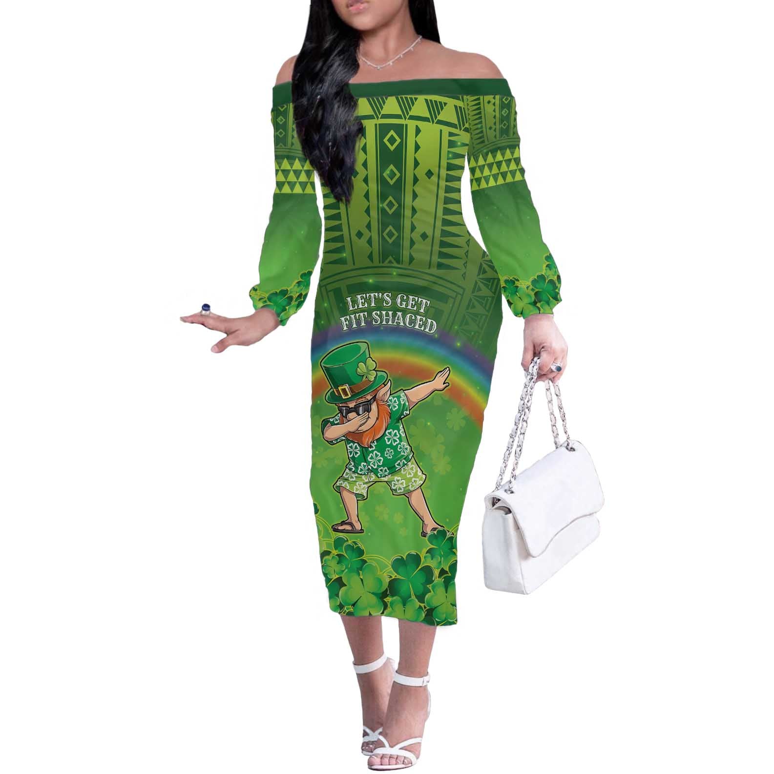 Personalised Hawaii Saint Patrick's Day Off The Shoulder Long Sleeve Dress Let's Get Fit Shaced