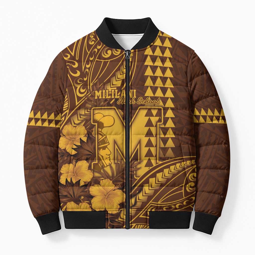 Personalised Hawaii Mililani High School Bomber Puffer Jacket Tribal Tattoo With Hibiscus Flowers