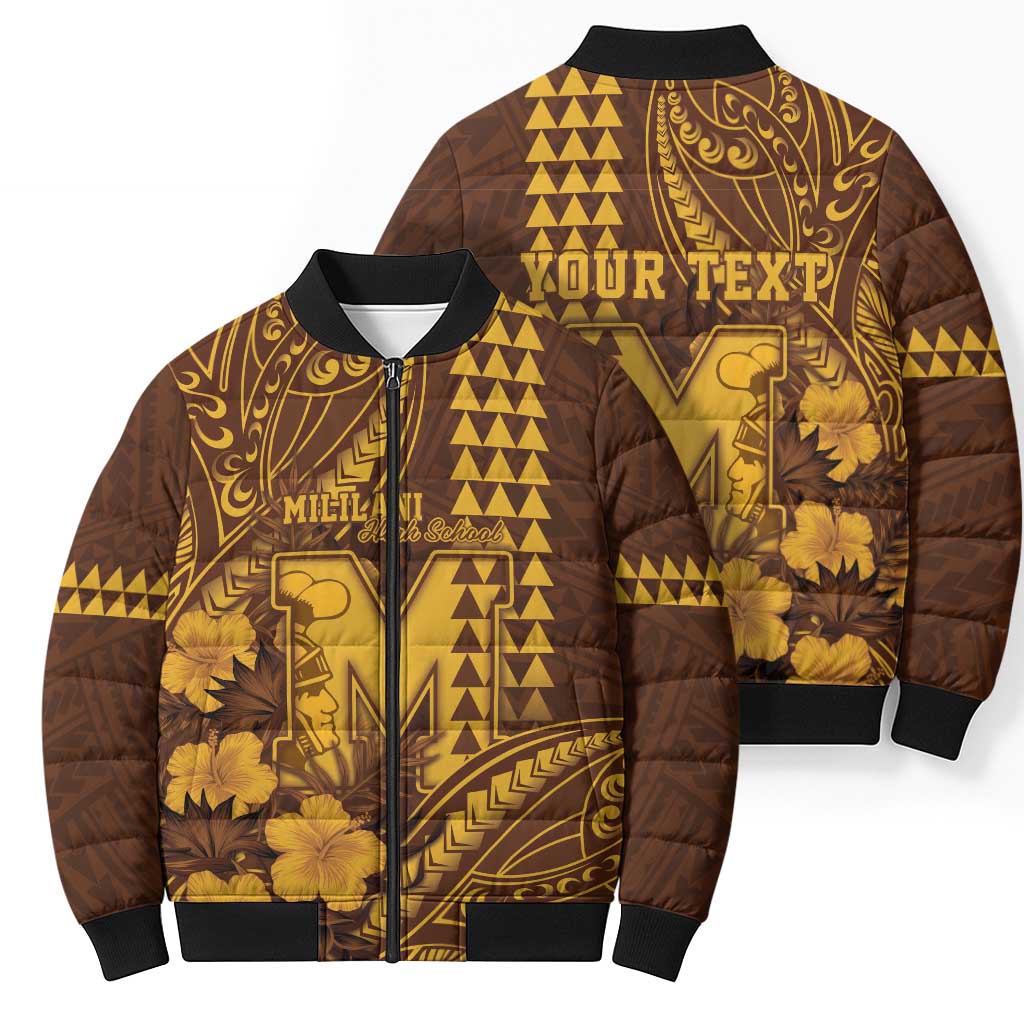 Personalised Hawaii Mililani High School Bomber Puffer Jacket Tribal Tattoo With Hibiscus Flowers