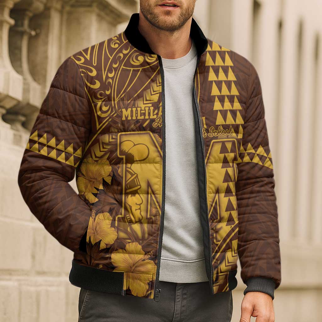 Personalised Hawaii Mililani High School Bomber Puffer Jacket Tribal Tattoo With Hibiscus Flowers