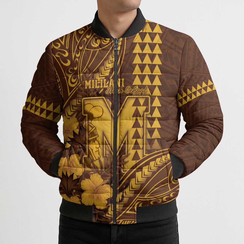 Personalised Hawaii Mililani High School Bomber Puffer Jacket Tribal Tattoo With Hibiscus Flowers