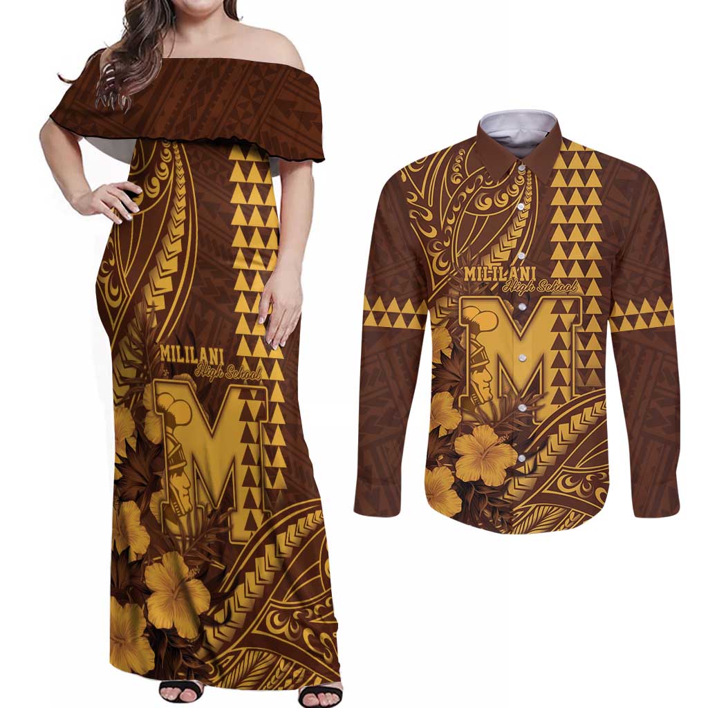 Personalised Hawaii Mililani High School Couples Matching Off Shoulder Maxi Dress and Long Sleeve Button Shirt Tribal Tattoo With Hibiscus Flowers LT05 Brown - Polynesian Pride