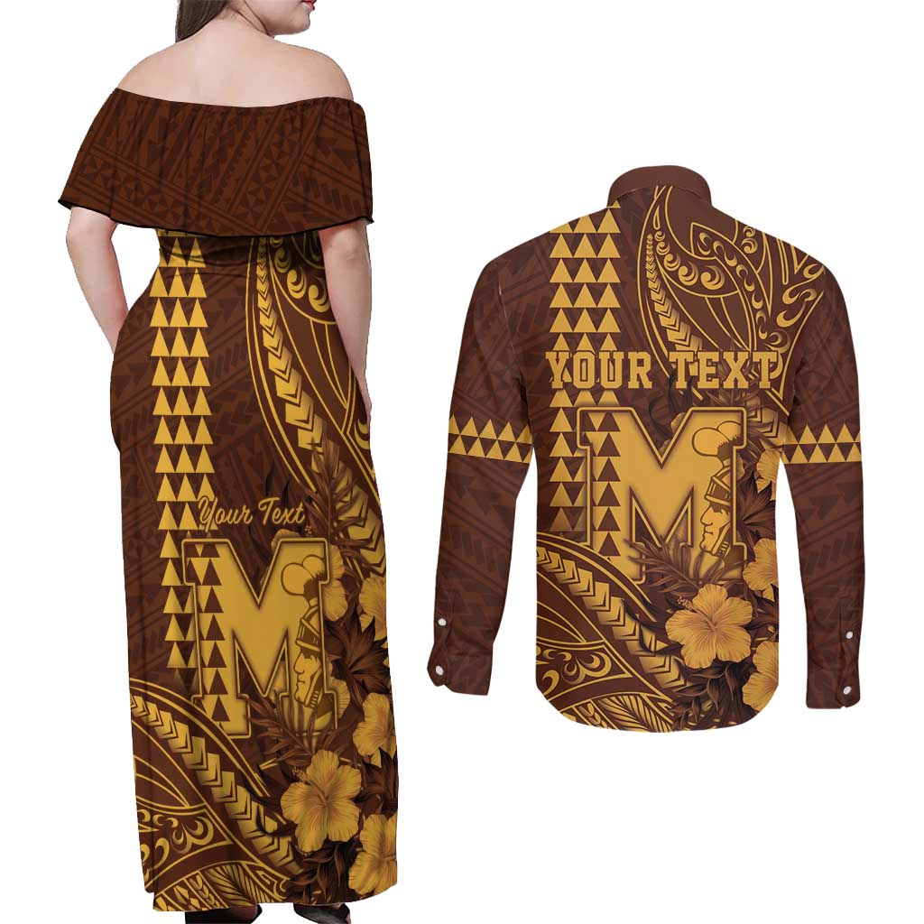 Personalised Hawaii Mililani High School Couples Matching Off Shoulder Maxi Dress and Long Sleeve Button Shirt Tribal Tattoo With Hibiscus Flowers LT05 - Polynesian Pride