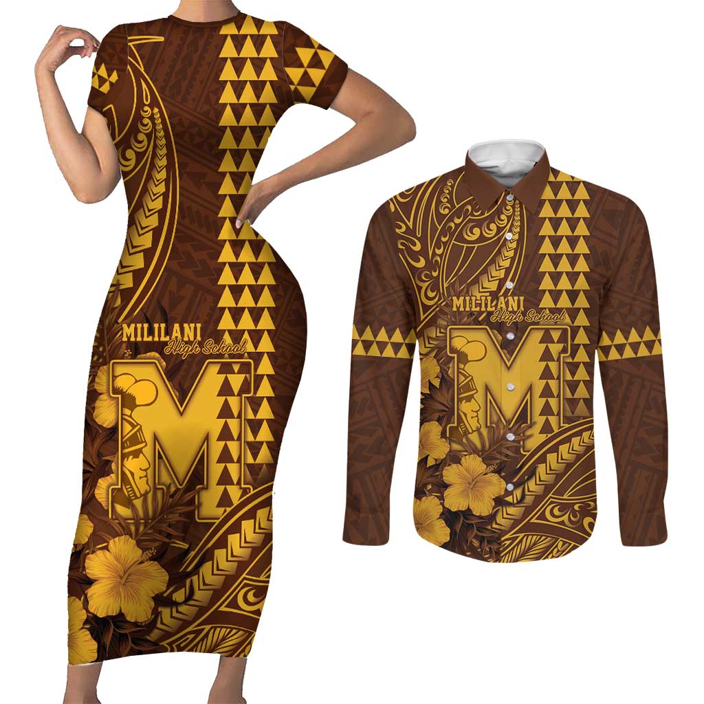 Personalised Hawaii Mililani High School Couples Matching Short Sleeve Bodycon Dress and Long Sleeve Button Shirt Tribal Tattoo With Hibiscus Flowers LT05 Brown - Polynesian Pride