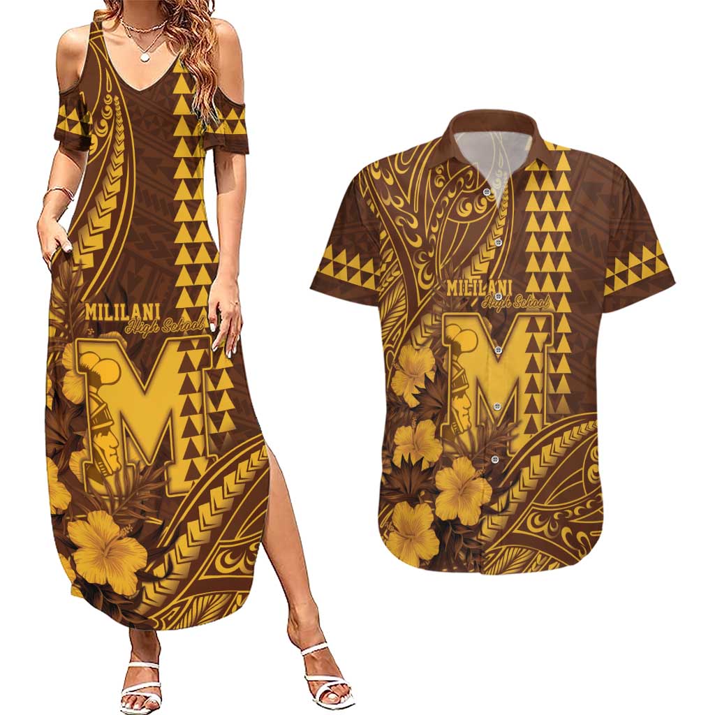 Personalised Hawaii Mililani High School Couples Matching Summer Maxi Dress and Hawaiian Shirt Tribal Tattoo With Hibiscus Flowers