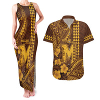 Personalised Hawaii Mililani High School Couples Matching Tank Maxi Dress and Hawaiian Shirt Tribal Tattoo With Hibiscus Flowers LT05 Brown - Polynesian Pride