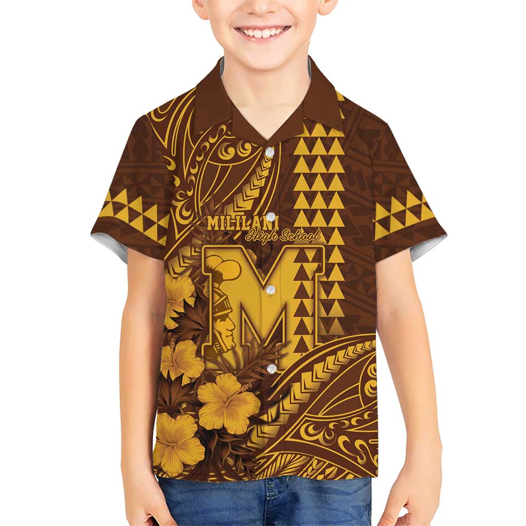 Personalised Hawaii Mililani High School Family Matching Long Sleeve Bodycon Dress and Hawaiian Shirt Tribal Tattoo With Hibiscus Flowers LT05 Son's Shirt Brown - Polynesian Pride