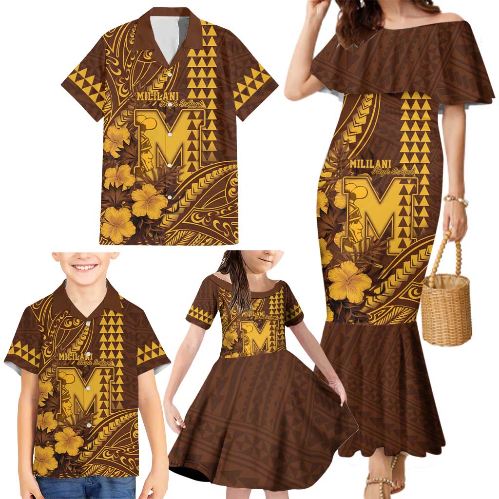 Personalised Hawaii Mililani High School Family Matching Mermaid Dress and Hawaiian Shirt Tribal Tattoo With Hibiscus Flowers LT05 - Polynesian Pride