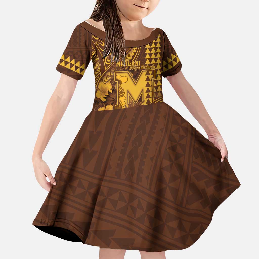Personalised Hawaii Mililani High School Family Matching Off Shoulder Short Dress and Hawaiian Shirt Tribal Tattoo With Hibiscus Flowers LT05 Daughter's Dress Brown - Polynesian Pride