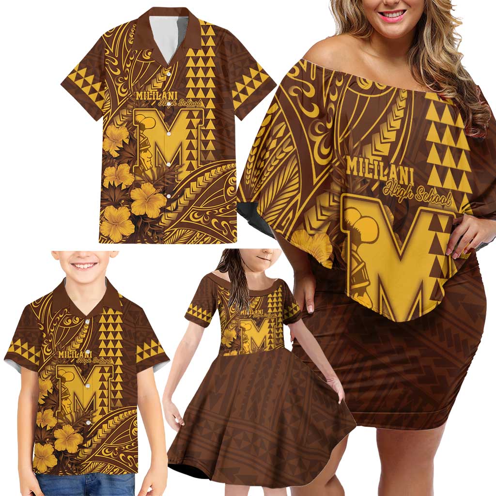 Personalised Hawaii Mililani High School Family Matching Off Shoulder Short Dress and Hawaiian Shirt Tribal Tattoo With Hibiscus Flowers LT05 - Polynesian Pride