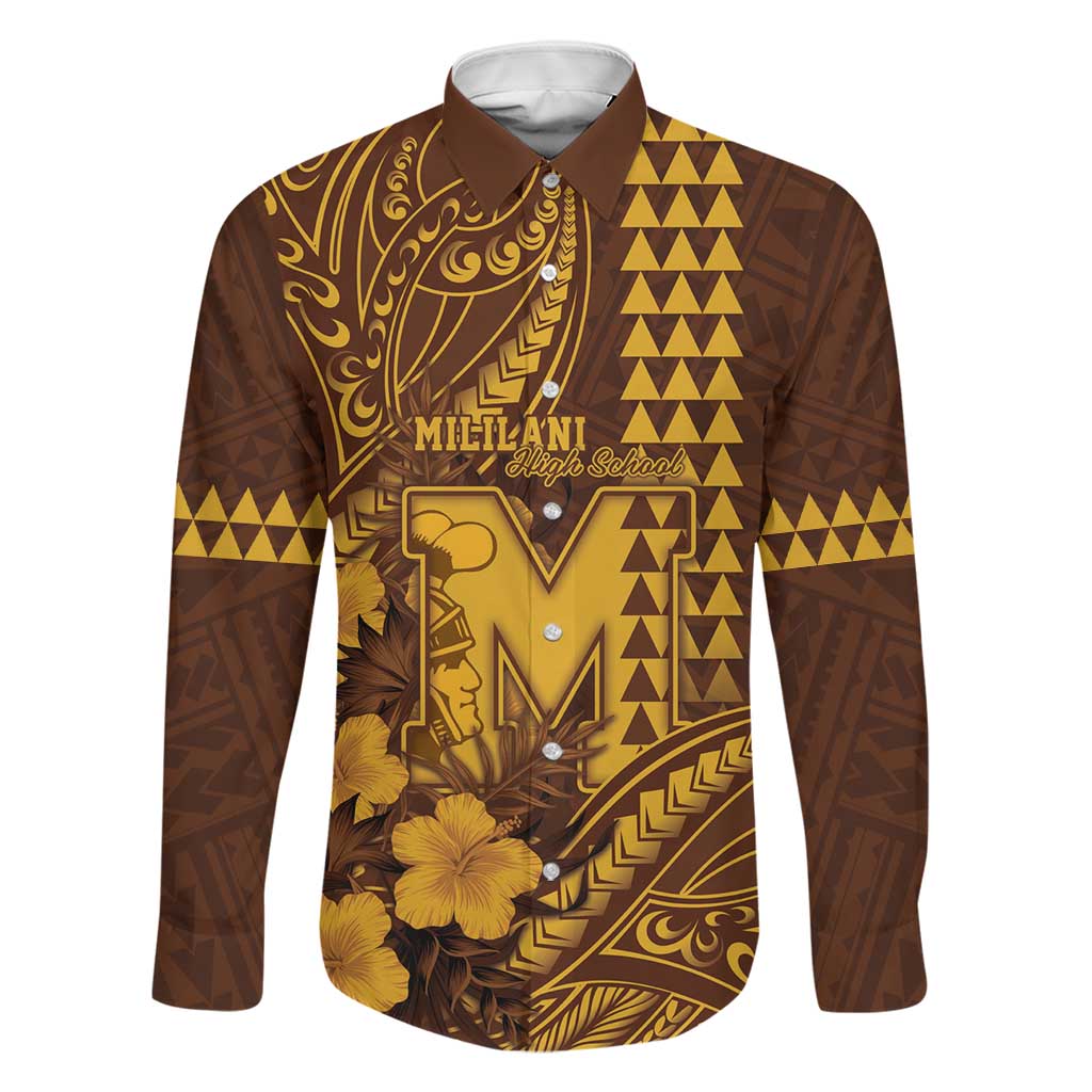 Personalised Hawaii Mililani High School Family Matching Short Sleeve Bodycon Dress and Hawaiian Shirt Tribal Tattoo With Hibiscus Flowers LT05 Dad's Shirt - Long Sleeve Brown - Polynesian Pride
