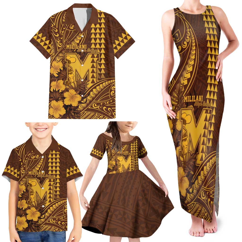 Personalised Hawaii Mililani High School Family Matching Tank Maxi Dress and Hawaiian Shirt Tribal Tattoo With Hibiscus Flowers LT05 - Polynesian Pride