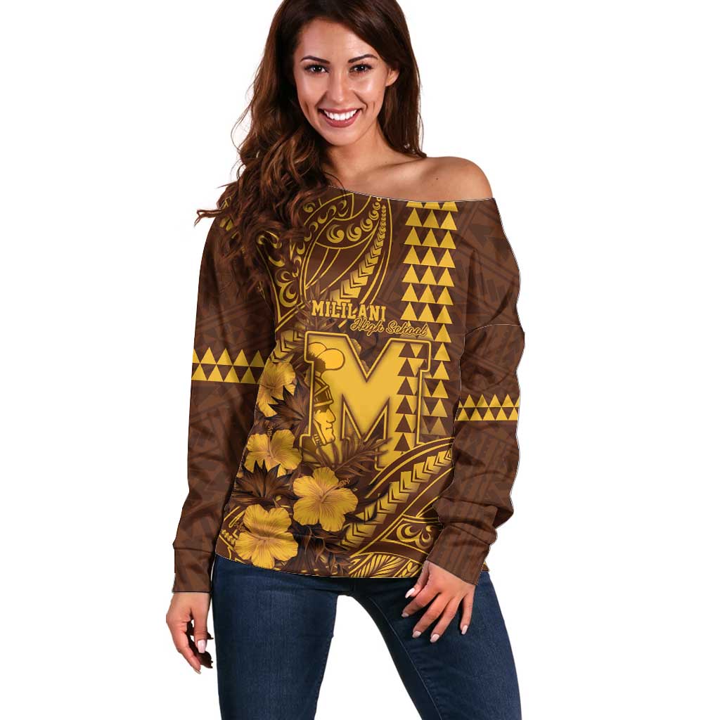 Personalised Hawaii Mililani High School Off Shoulder Sweater Tribal Tattoo With Hibiscus Flowers