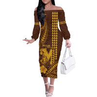 Personalised Hawaii Mililani High School Off The Shoulder Long Sleeve Dress Tribal Tattoo With Hibiscus Flowers LT05 Women Brown - Polynesian Pride