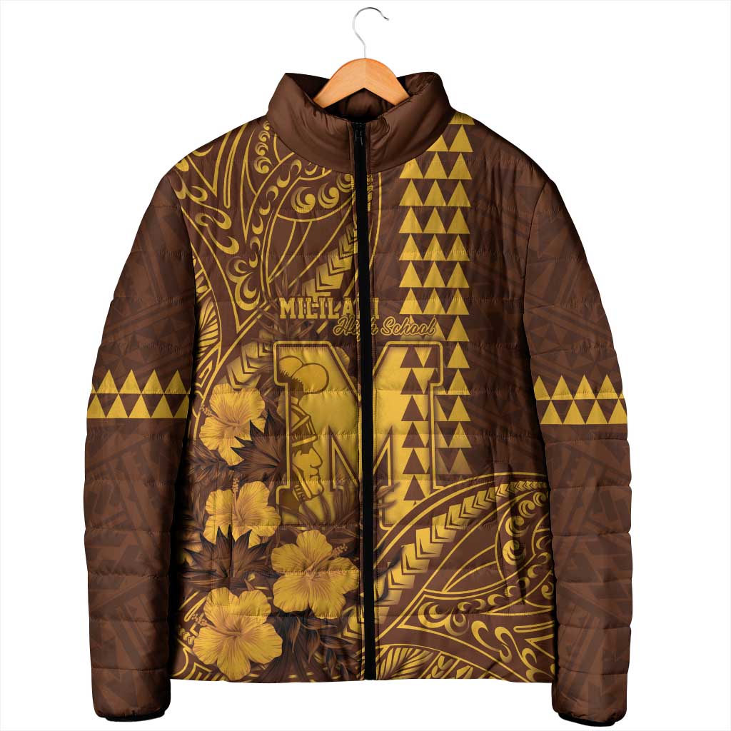 Personalised Hawaii Mililani High School Padded Jacket Tribal Tattoo With Hibiscus Flowers