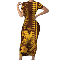 Personalised Hawaii Mililani High School Short Sleeve Bodycon Dress Tribal Tattoo With Hibiscus Flowers LT05 Long Dress Brown - Polynesian Pride